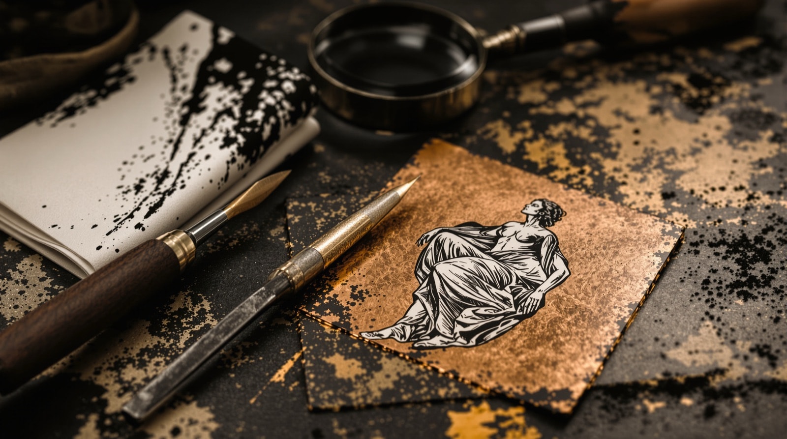 Engraver's burin and copper plate with an engraved figure, beside a proof print on cream paper