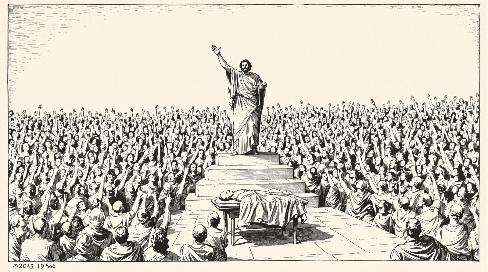 Pen-and-ink drawing of an orator on steps above a dense Roman crowd with a shrouded body behind him