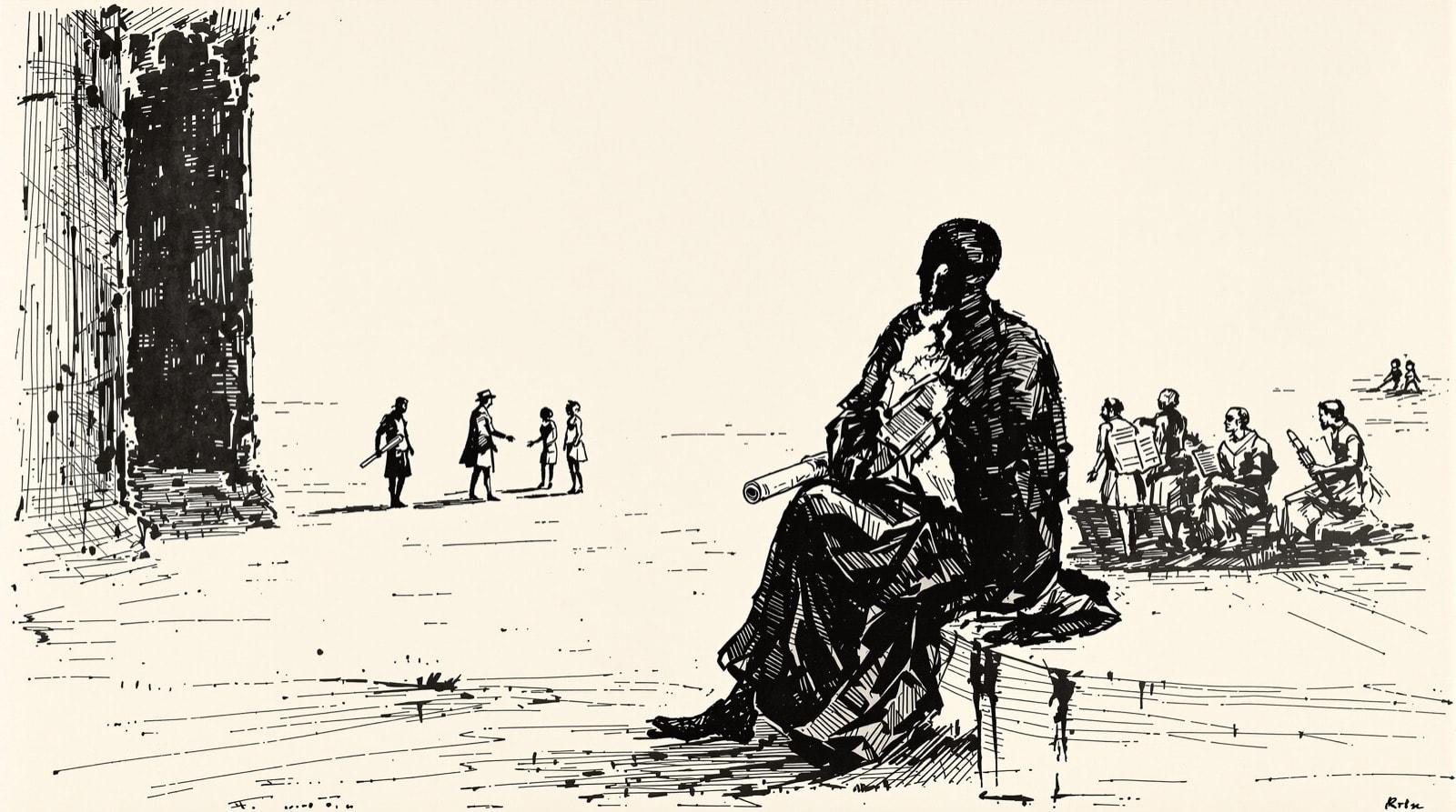 Pen-and-ink drawing of a seated figure in mourning dress watching travelling players rehearse