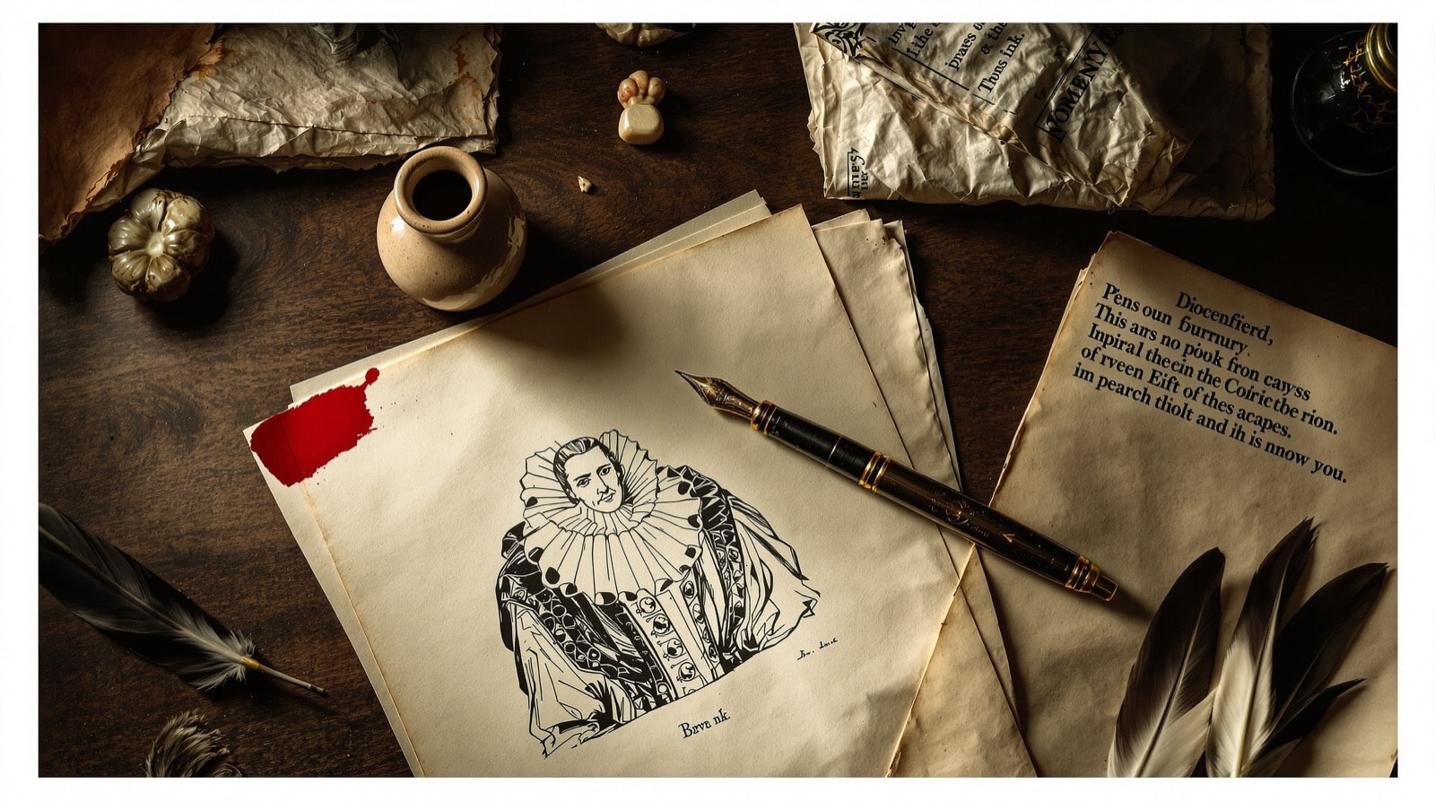 Dip pen, ink pot and a pen-and-ink drawing of Elizabethan dress on cream paper