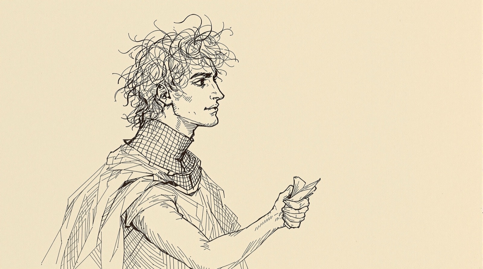 Pen-and-ink study of a young armoured nobleman turning away mid-stride with a crumpled letter in his fist