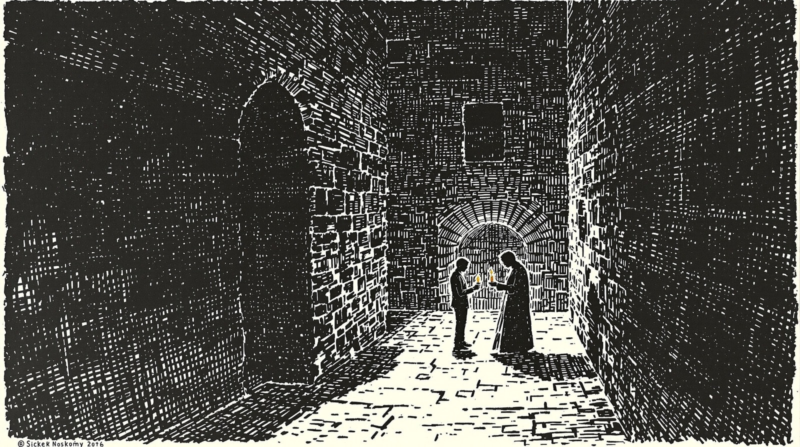Pen-and-ink drawing of two figures with a candle in a dark stone corridor, looking at their hands
