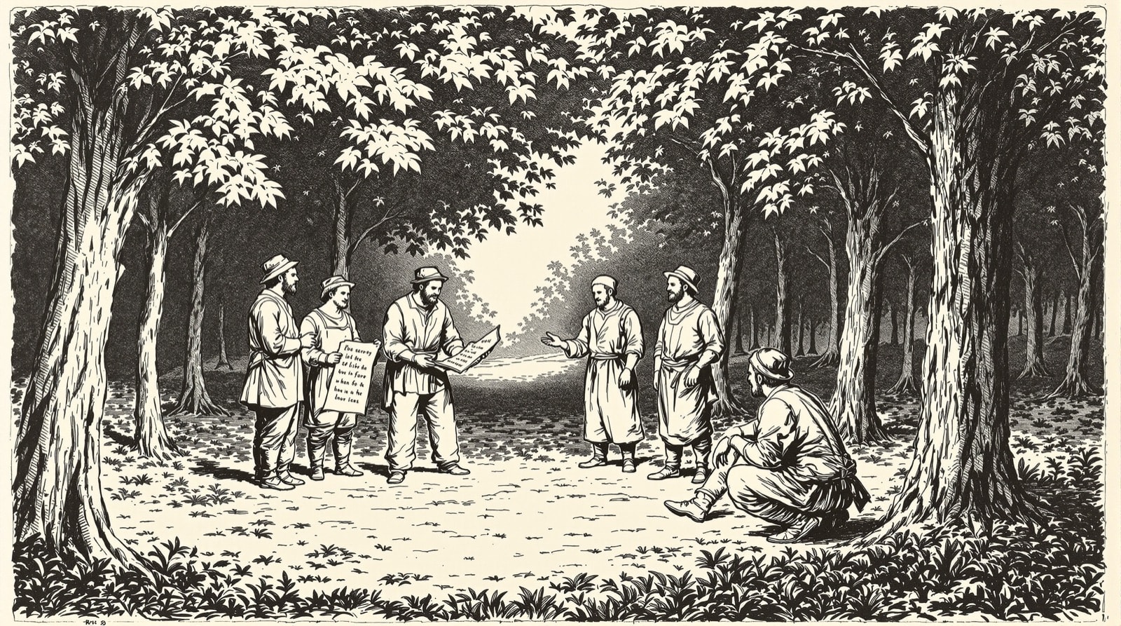 Pen-and-ink drawing of six artisans rehearsing a play in a woodland clearing