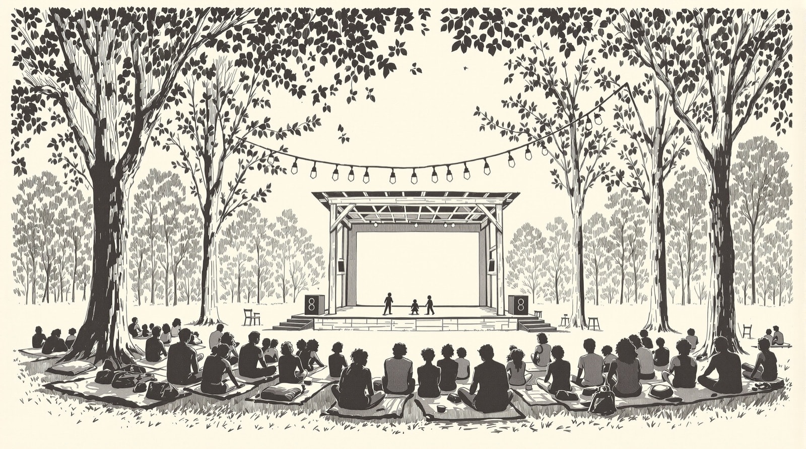 Pen-and-ink drawing of an outdoor trestle stage under trees with a seated audience on the grass