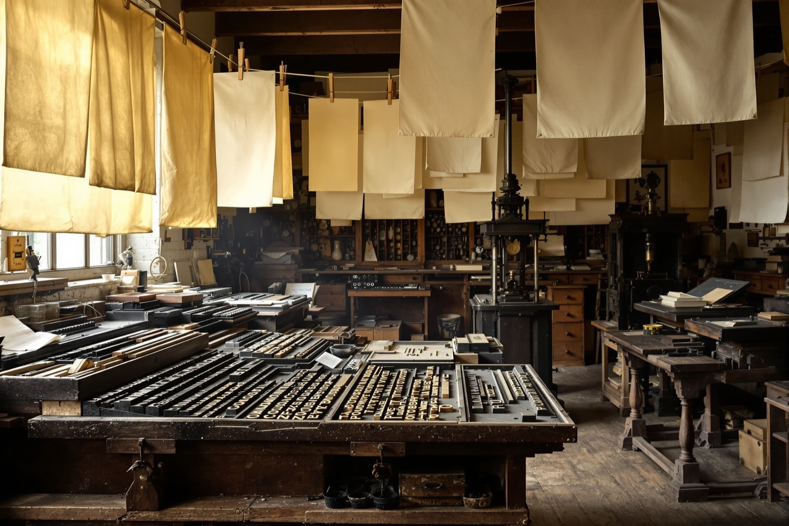 Nineteenth-century print shop with wooden type cases, a locked forme and an iron hand press