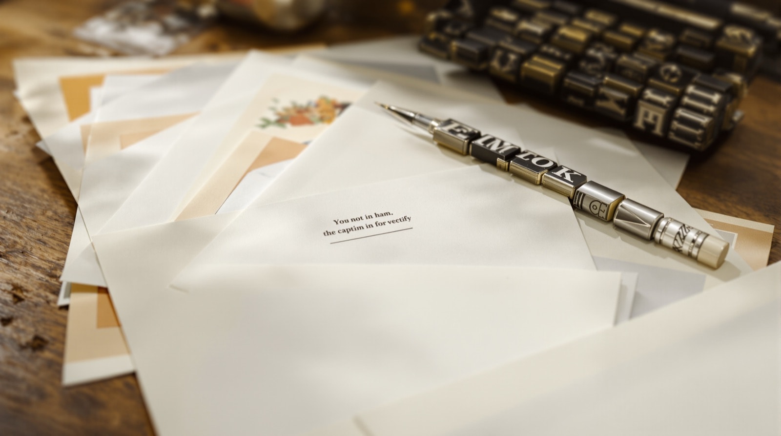 Proof sheets with small ink vignettes and a compositor's stick of metal type