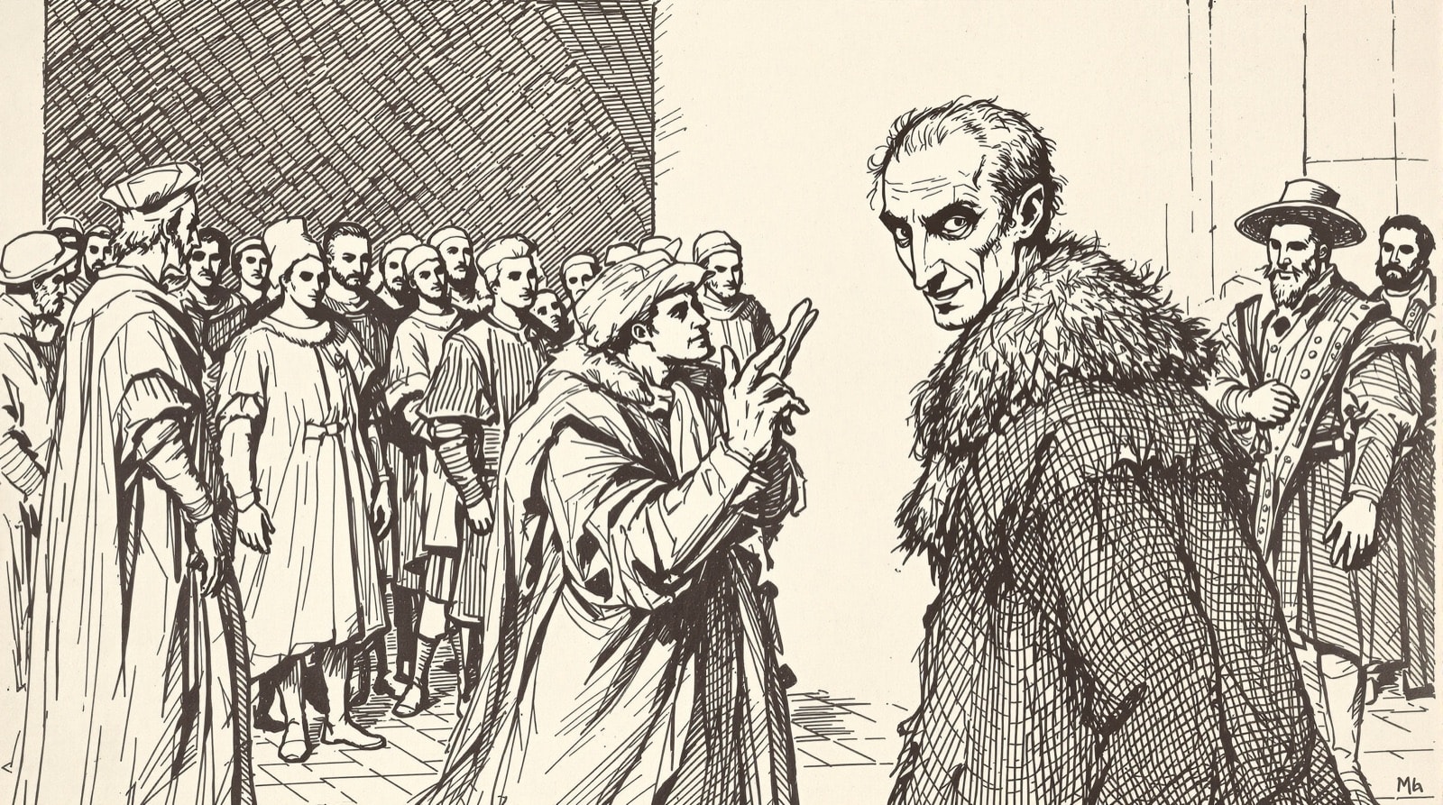 Pen-and-ink drawing of a figure in a fur-collared coat speaking directly to the viewer while courtiers stand oblivious behind