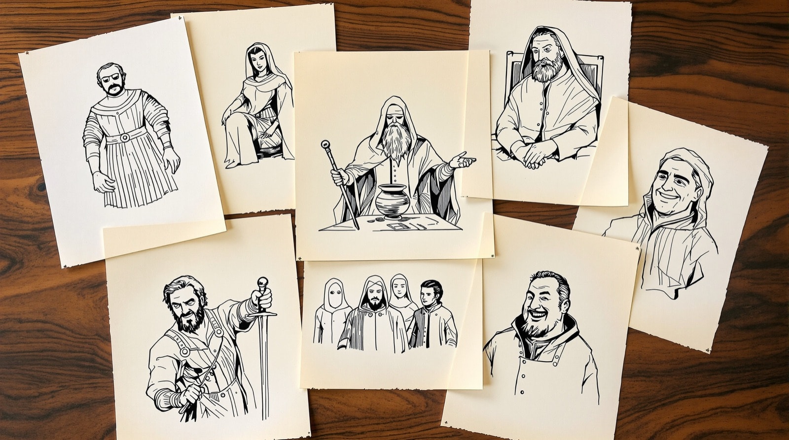 Seven pen-and-ink character studies on overlapping sheets of cream paper